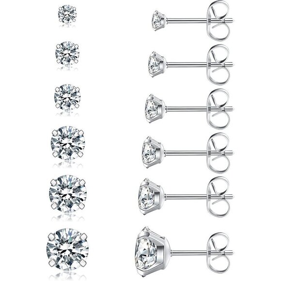 Jewelry - 6 Pairs Hypoallergenic CZ Stud Earrings Set - Stainless Steel, 3-8mm